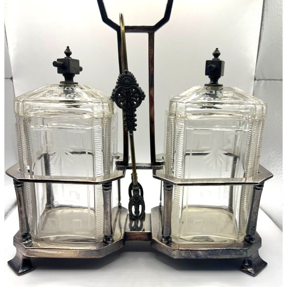 2 Antique Glass Condiment Set Meriden B Company Stand Pickle tongs‎ Castor - Picture 3 of 16
